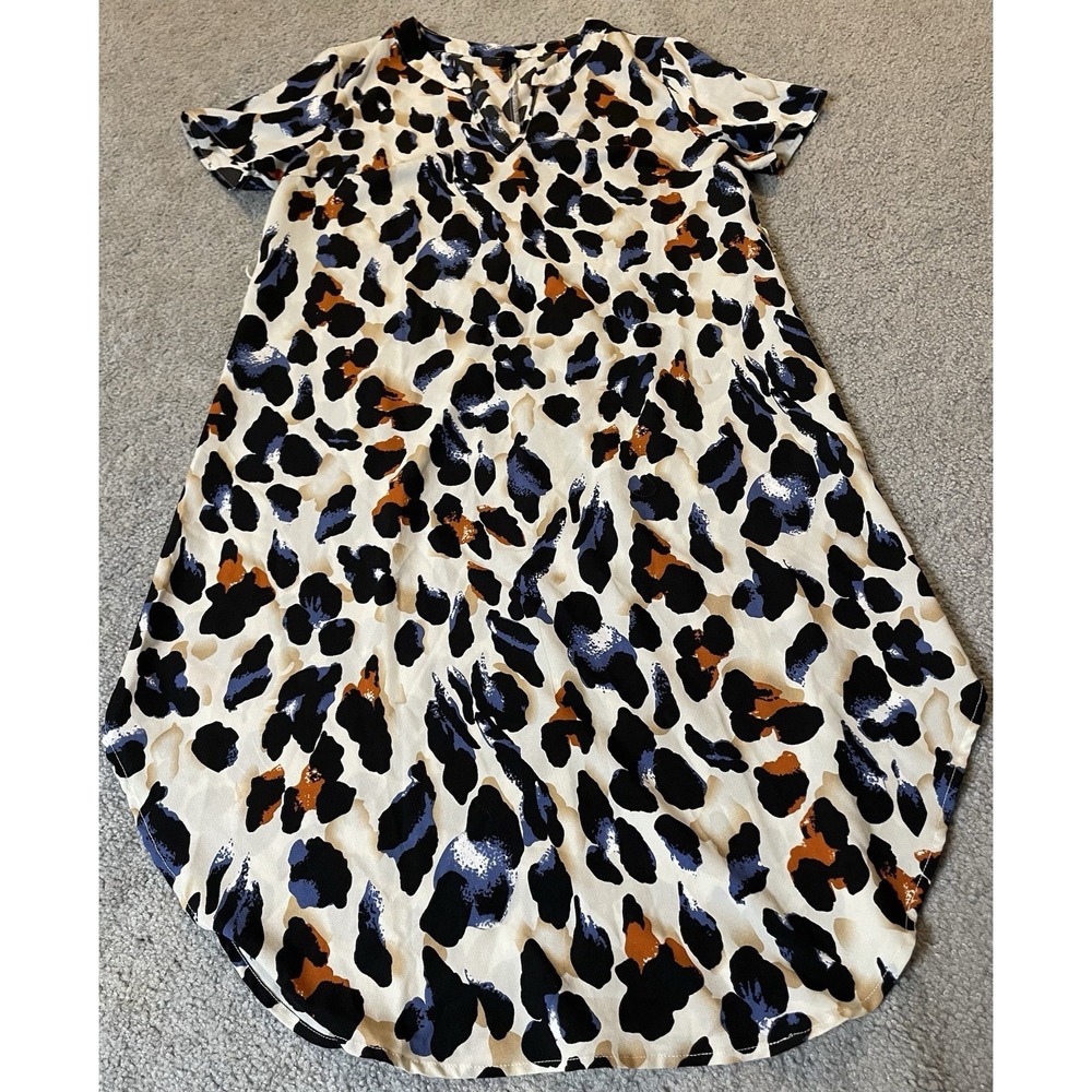 SHEIN Leopard Print Mini Dress Sz L Blue Rustic Brown Rounded Hem Casual - Picture 5 of 13